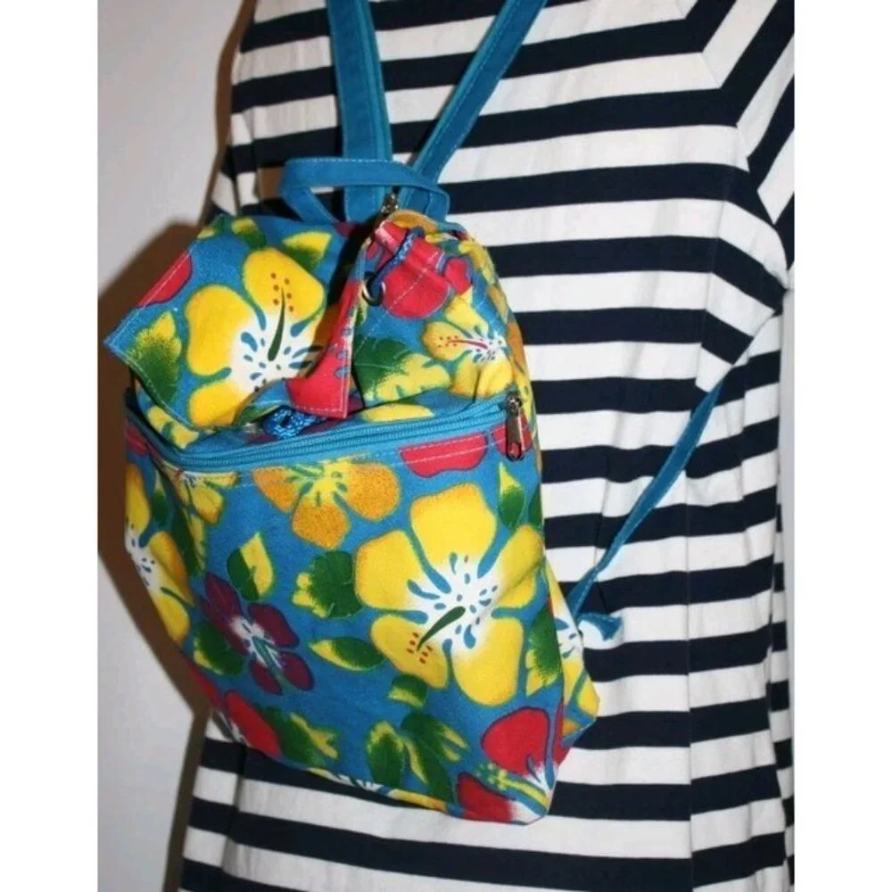 Backpack Purse Hibiscus Hawaiian Flower Print Boho Drawstring Adjustable Strap